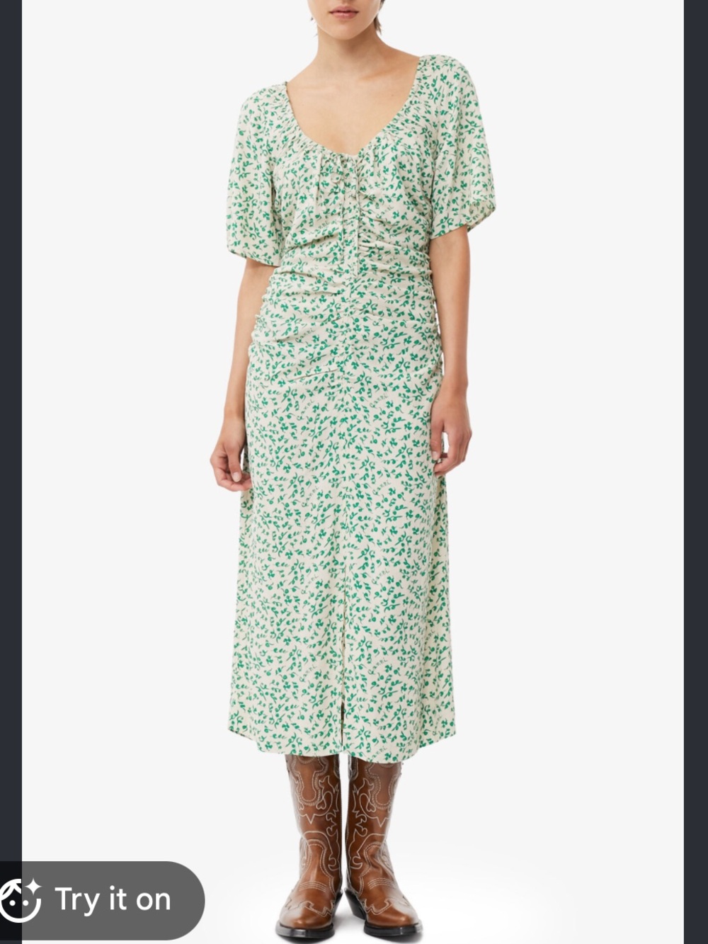 Ganni Cream crepe Dress with Green Floral Print